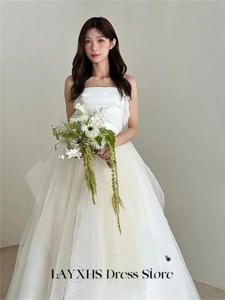 LAYXHS Fashion Wedding Dresses Korea Strapless A-Line Tulle Puffy Sleeveless Bridal Gowns Customized düğün parti elbise
