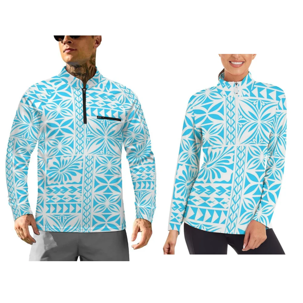 Customizable Polynesian printed couple sportswear long-sleeved sportswear for autumn and winter and long-sleeved fitness wear