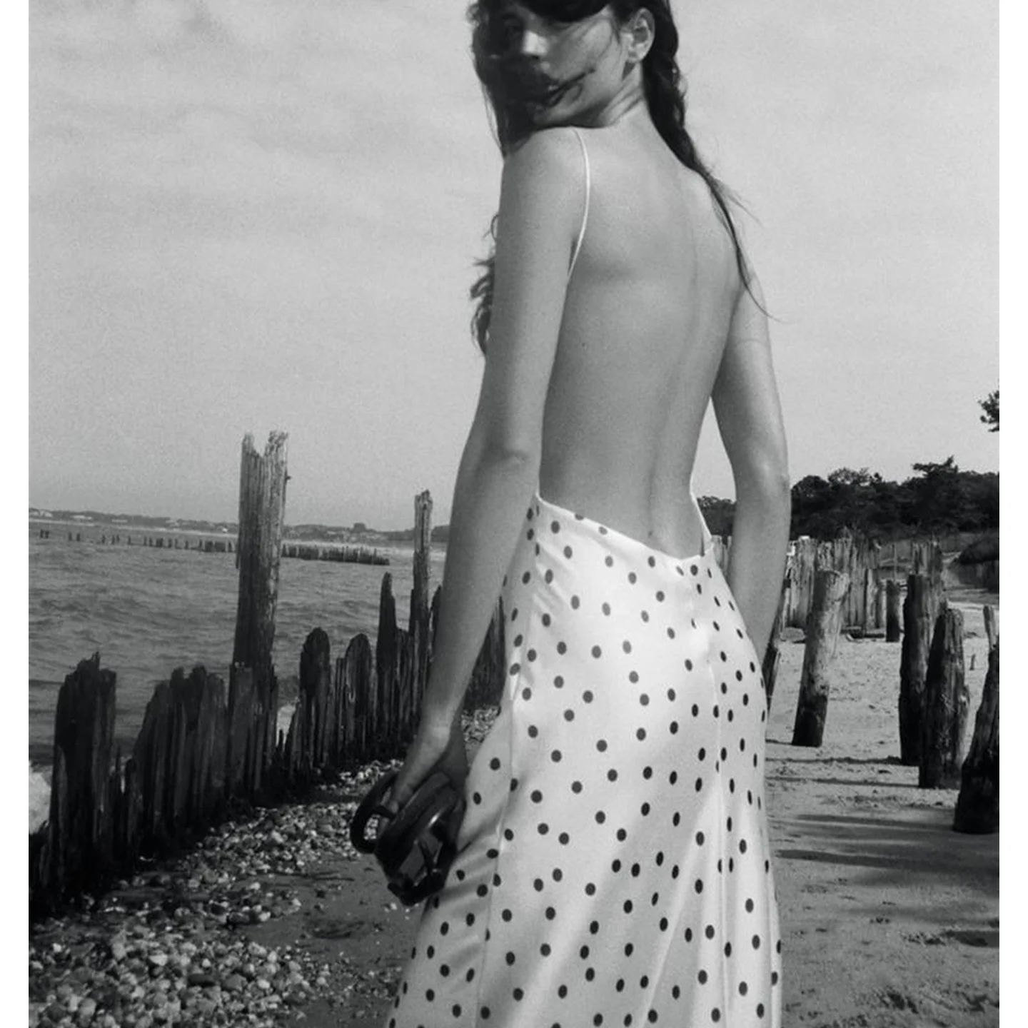 Sommer Damen Bal Splice Design V-Ausschnitt Polka Dot Seidensatin Midi Dr Hohe Taille A-Linie Rock Svel Kleid