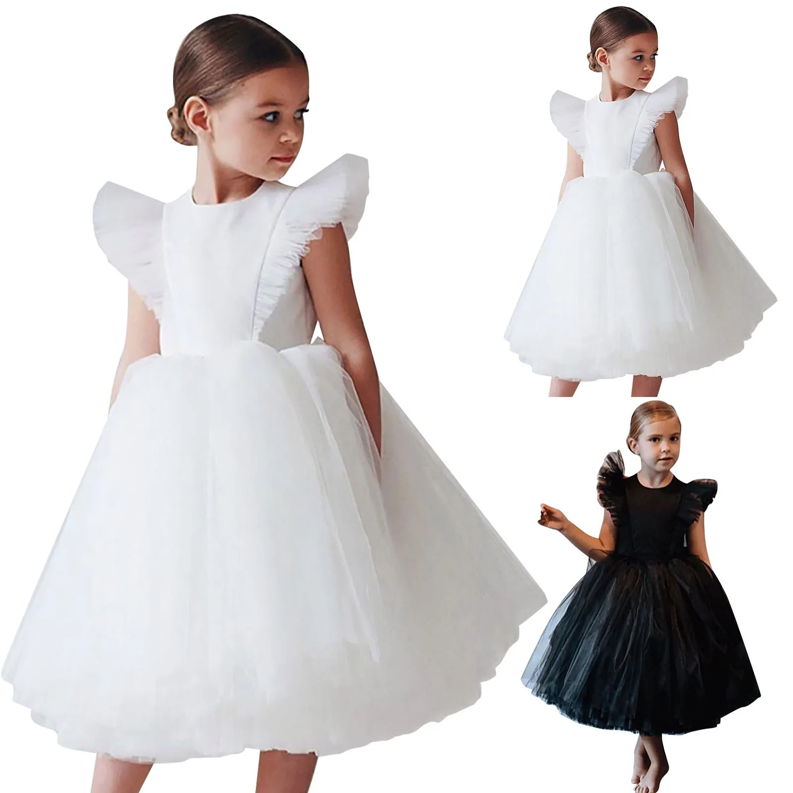 Vestido de princesa esponjoso elegante para niña, disfraz de ceremonia de boda con flores para bebé, trajes de cumpleaños, vestido tutú blanco bonito, ropa de Gala para niños