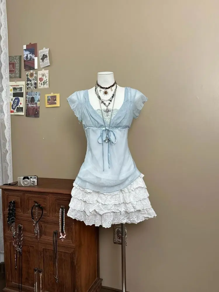 Conjunto de 2 piezas liso Vintage japonés para mujer, Tops falsos de dos piezas + Mini falda con forma de pastel, trajes de verano Retro ajustados de Hada Kawaii JK
