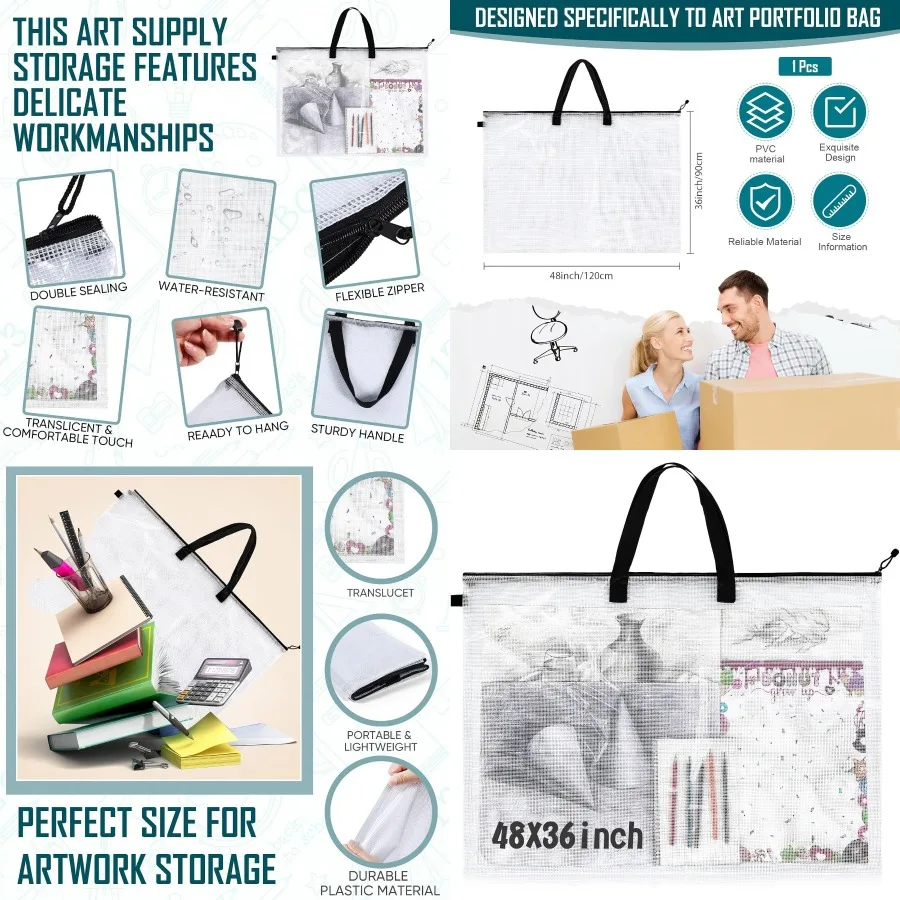 Estuche grande de portafolio de arte de 36 x 48 pulgadas con asa para exhibición y almacenamiento de tablón de anuncios, bolsa de portafolio de arte duradera para carteles