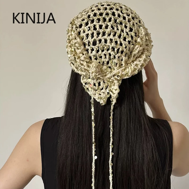 Ins Style Sequined Hollow Knitted Triangle Scarf Women Summer Travel Photo Atmosphere Versatile Casual Y2K Beanies Headband - view 2