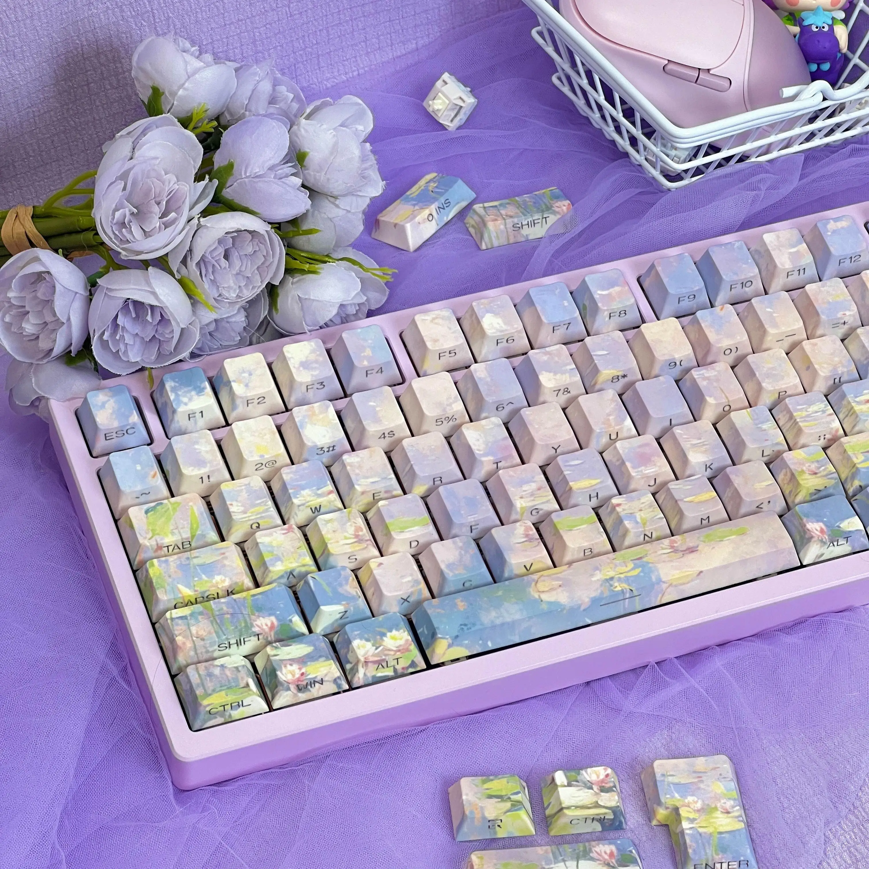 

Звездный лотос, мечтающая тема, картина маслом, ветер, боковой принт, прозрачная крышка для клавиш, оригинальный колпачок для клавиш из ПБТ, механические колпачки для клавиатуры