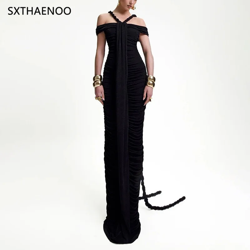 

SXTHAENOO Slimming Spliced Folds Temperament Dresses For Women Slash Neck Short Sleeves Spliced Lace Up Long Dress Female 2025