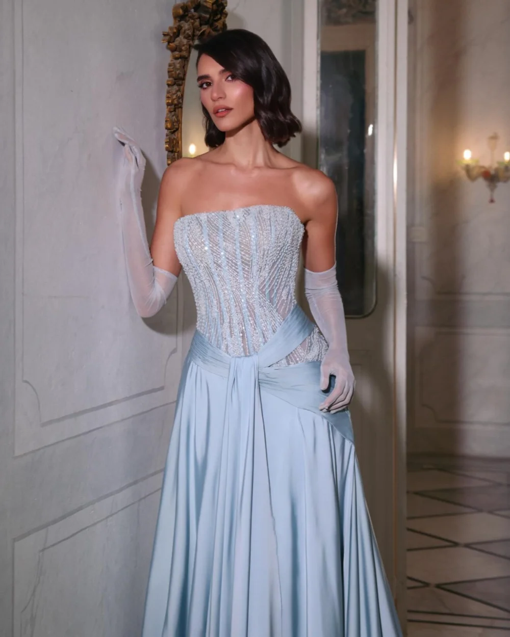 Customized High Quality Women Jersey Beading Ruched A-Line Evening Dresses Fashion Strapless Strapless Sleeveless Prom Dresses