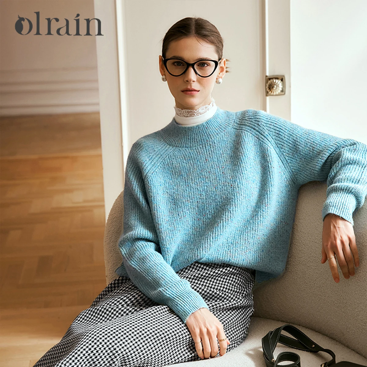 

OLrain Women's Blue Wool Sweater 2025 Autumn Round Neck Long Sleeve Sweater Loose-fitting Chic Fashion Knit Jumper O56DM95516