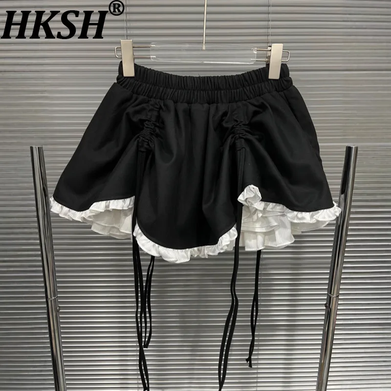 

HKSH весна осень новая женская короткая юбка с эластичной талией на шнурке плиссированные цветные блоки трапециевидной формы элегантные милые юбки Y2K HK13758