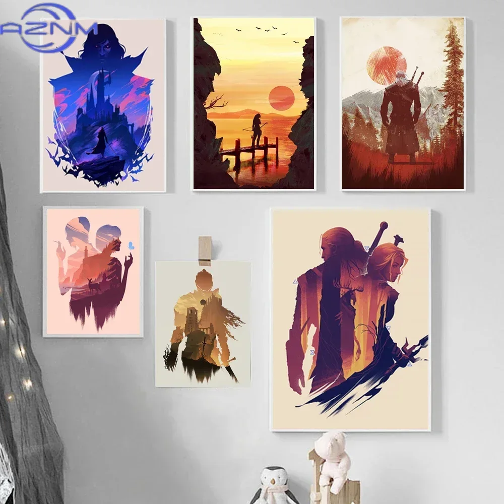 Pôster e Impressão de Arte de Jogo AZNM para Decoração de Ambiente, Witcher, Dungeon, Horizon Zero Dawn, Floresta, Cavaleiro de Jogo, Decoração de Parede para Sala de Estar, Tela de Pintura
