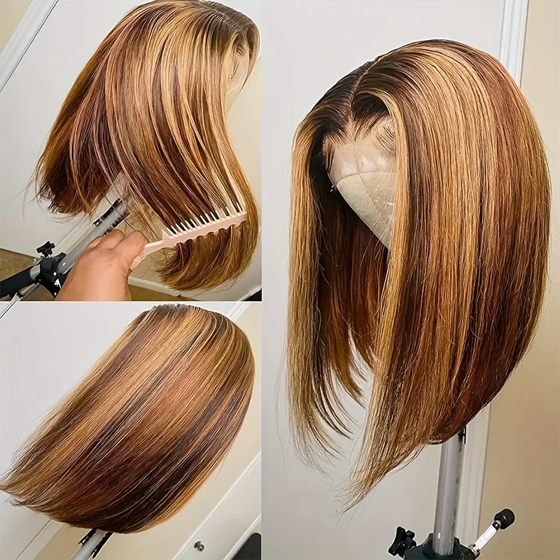 4/27 تسليط الضوء على شعر مستعار بوب شعر الإنسان مستقيم 13X4 تسليط الضوء على بوب الدانتيل الجبهة الباروكات شعر الإنسان ارتداء والذهاب شعر مستعار غلويليس #4