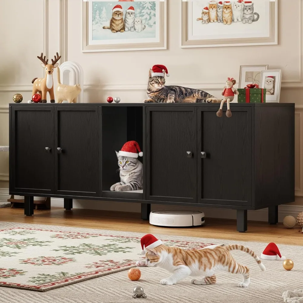 Cat Litter Box Enclosure for  Cats, Hidden Litter Boxes Furniture with Cat Scratch Pad, Large Indoor Pet House with Double Room,