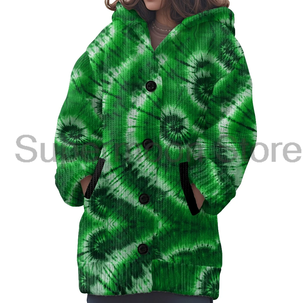 Tie Dye Printed Button Down Hooded Cardigan Women's Long Sleeve Streetwear Daily Outerwear Sweater Casual Winter Coat 6