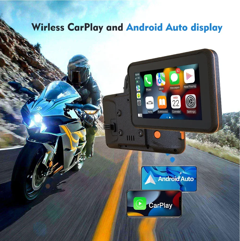 Karadar MT5004 IPX7 Waterproof Motorcycle 5 inch Wireless Carplay Android Auto Screen Motorcycle Carplay With Two HD Cameras DVR