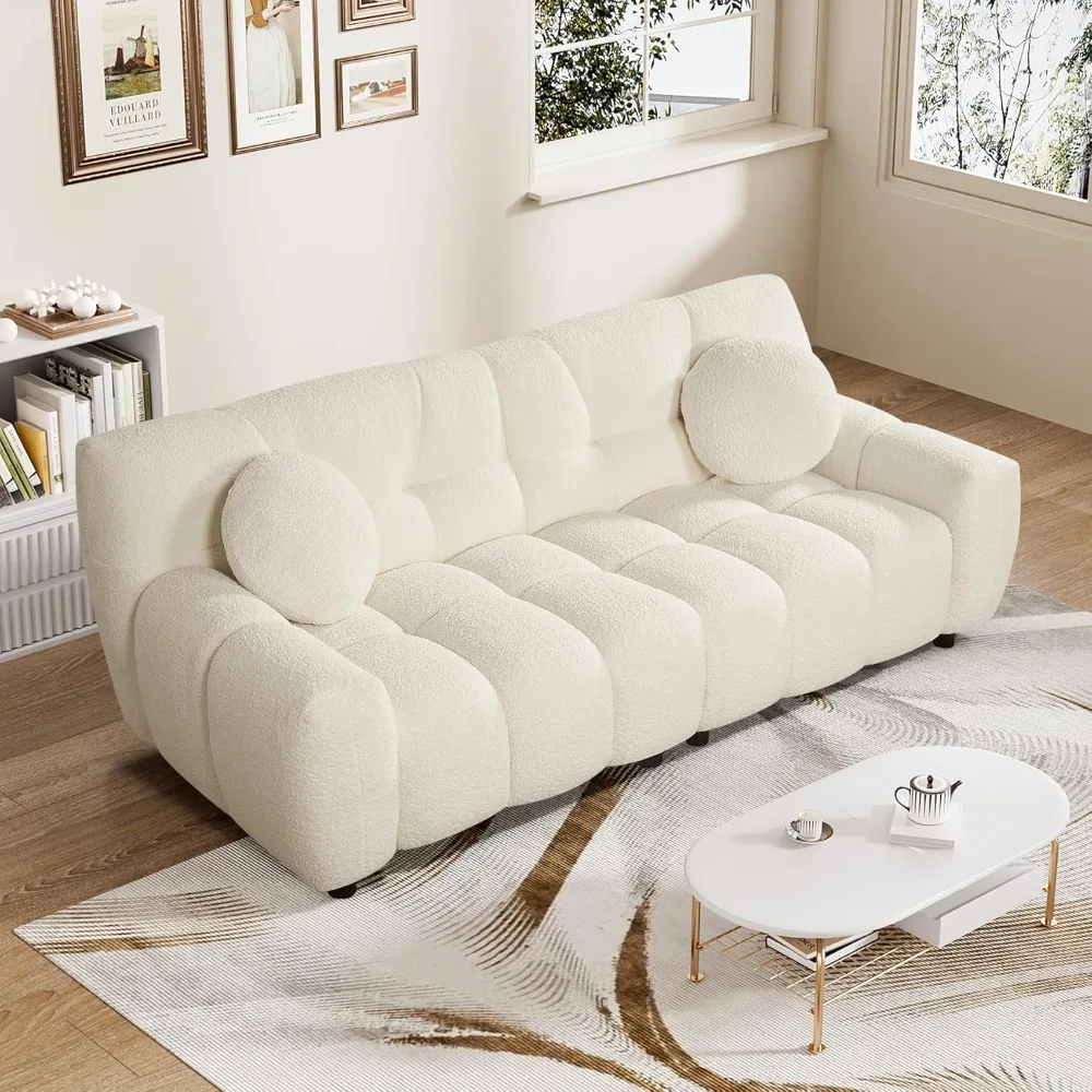 

Comfy Deep Seat Sherpa Couch, Upholstered Cozy Teddy 2 Seat Marshmallow Couch with 2 Pillows, Oversized Loveseat Sofa