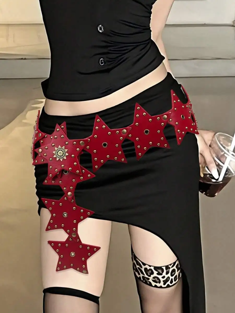 1pc Western Cowboy Punk Wide Waist Belt, Retro Street Decor Y2K Hot Girl Five-Pointed Star Patchwork PU Leather Belt, Encore Red