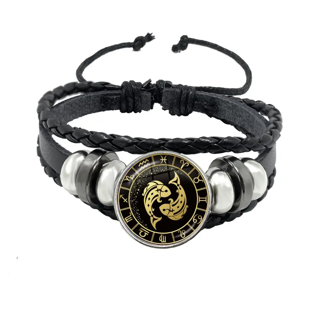 12 Constellation Bracelet Scorpio Sagittarius Capricorn Aquarius Black Rope Leather Button Bracelet Zodiac Jewelry For Gift