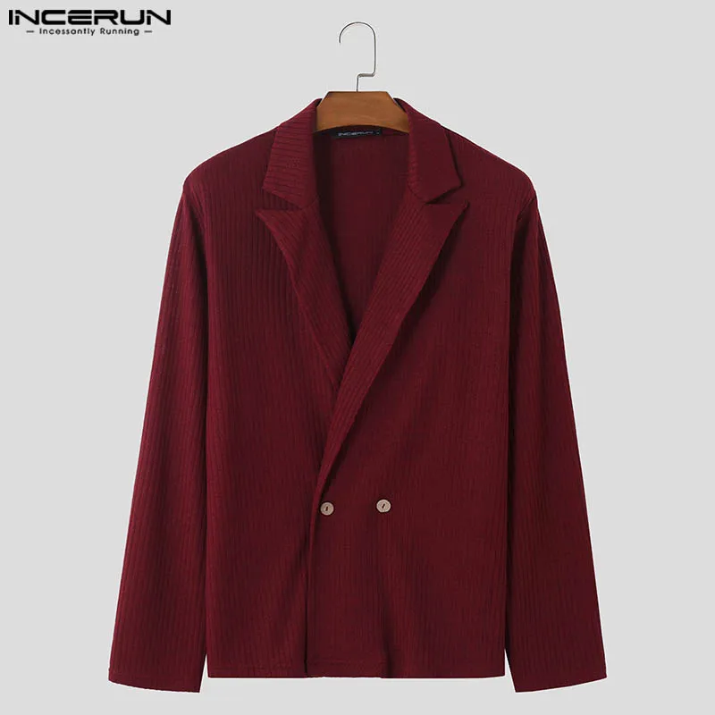 INCERUN Men Blazer Striped Solid Color Lapel Long Sleeve Button Casual Male Suits Streetwear Autumn 2024 Fashion Men Thin Coats