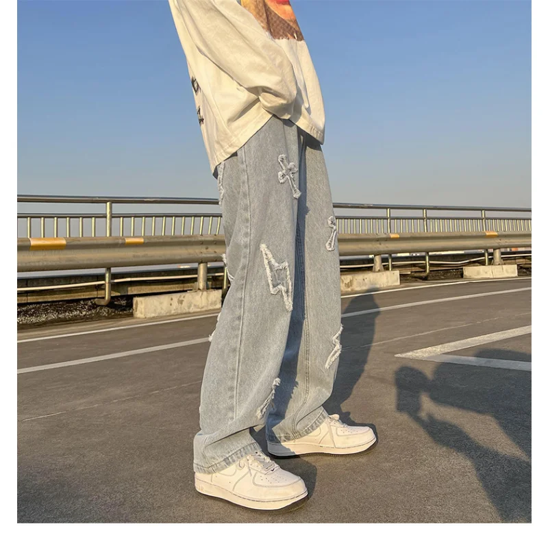 Hip Hop Streetwear Y2k Mens Pants High Street Jeans Baggy Loose Straight Casual Pants 2023 Fashion Male Cross Patch New Trousers