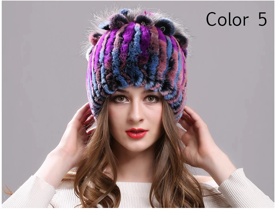 Strickmütze für Damen, 100 % echte Rex-Kaninchenfellmütze mit Blumen, Oberteile, warme, hochwertige Beanie-Damenmütze aus echtem Pelz für den Winter – Detail 17