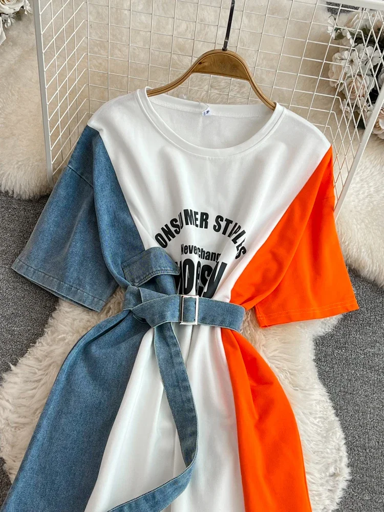 Denim Print Patchwork T-shirt Skirt for Women's 2024 Summer New Round Neck Waist Slimming A-line Dress