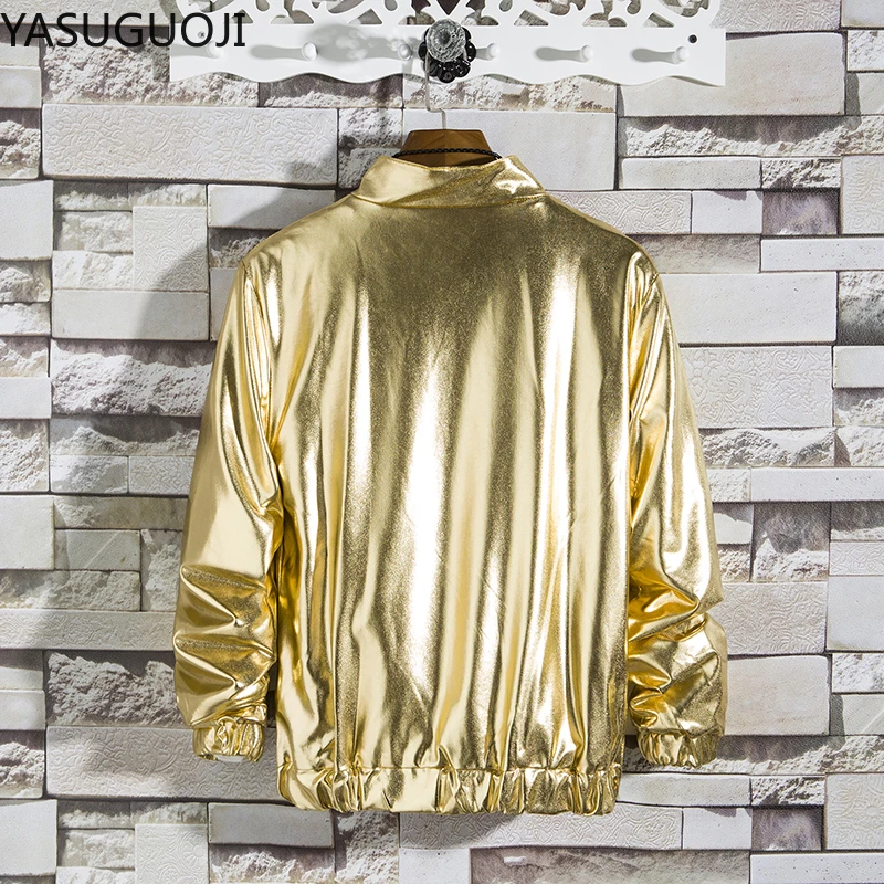 YASUGUOJI-Chaqueta brillante para hombre, ropa de calle y plateado brillante de Color dorado, abrigos y chaquetas de Hip Hop para primavera