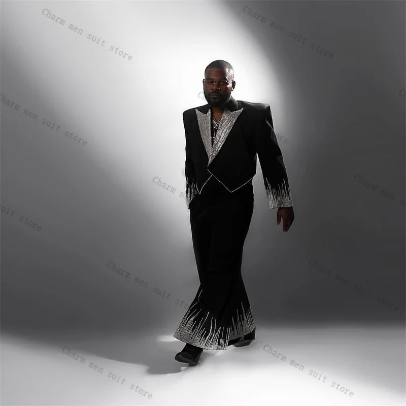 

Black White Men Suits Set 2 Pcs Crystals Blazer+Pant Trousers Cotton Wedding Tuxedo Formal Office Business Groom Jacket Coat