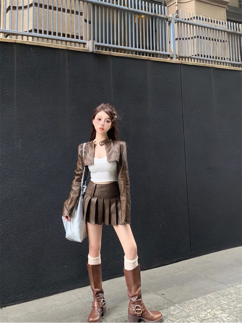 American Spicy Motorcycle Leather Coat Top Pleated Leather Skirt Two Piece Set Women Fashion O-Neck Cool Solid Slim Spring Suit