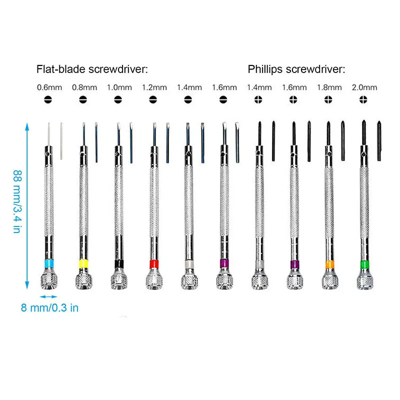 時計職人の精密ドライバー、デタイザー磁気ドライバーセット、時計ツール、0.6mm〜2.0mm、10個