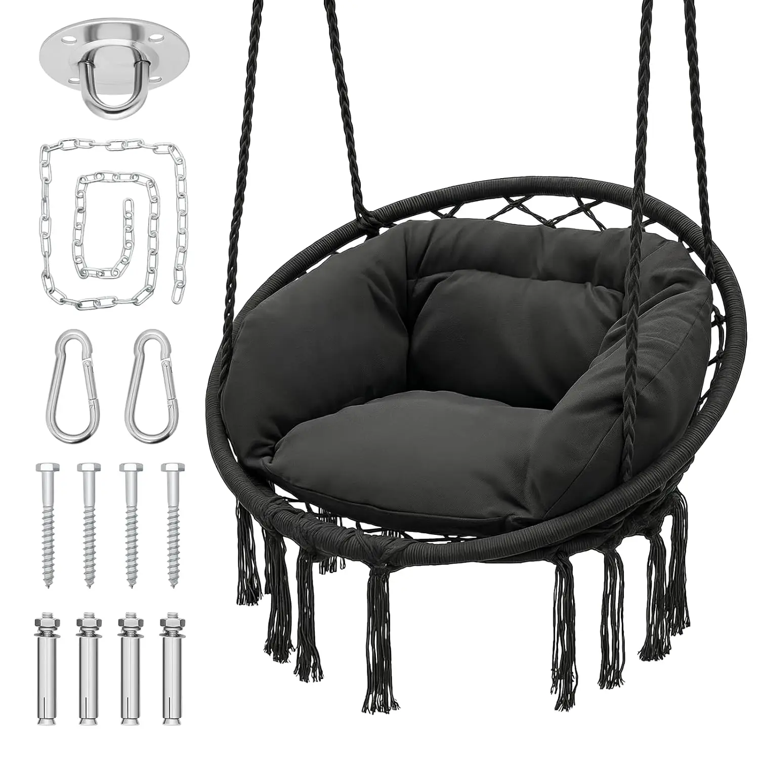 

Черное подвесное кресло-гамак из макраме с мягкой подушкой, выдерживает до 160 кг, для веранды, спальни, чтения, отдыха, с возможностью индивидуального заказа