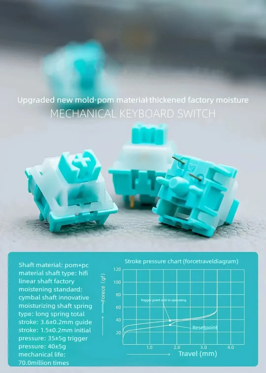 Interruptores de teclado mecânico de 3 pinos, resistentes à poeira, hastes de interruptor de teclado mecânico: azul, interruptor linear de teclado
