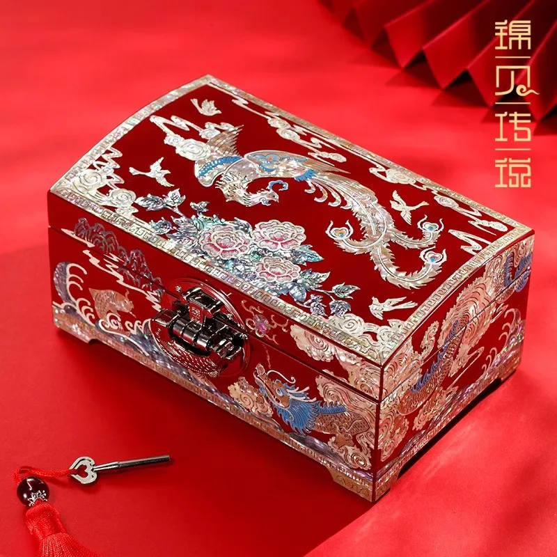 

Suitable for Dian Lacquer Jewelry Box High-end Dragon and Phoenix Chinese Three Gold Dowry Jewelry Storage Box Wedding Engagemen