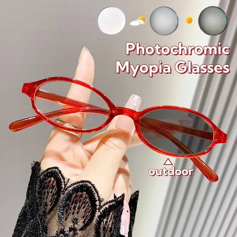 Personalized Female Y2K Eyeglasses Retro Small Elliptical Gradient Green Photochromic Myopia Glasses Anti Blue Light Eyewear