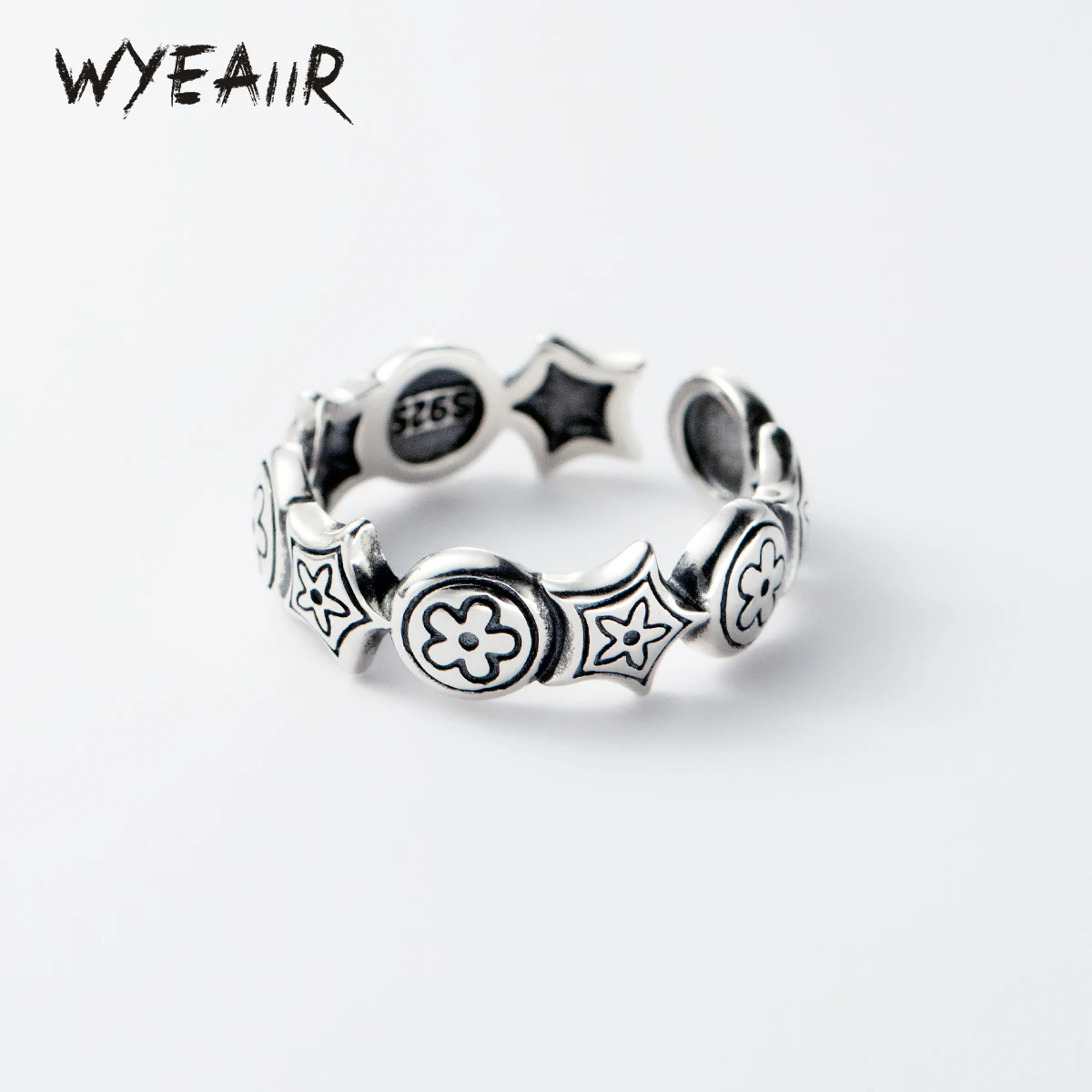 

WYEAIIR стерлингового серебра 925 пробы, винтажное тайское серебряное кольцо со звездой и цветком, милое открывающееся кольцо изменяемого размера INS для женщин, ювелирные изделия