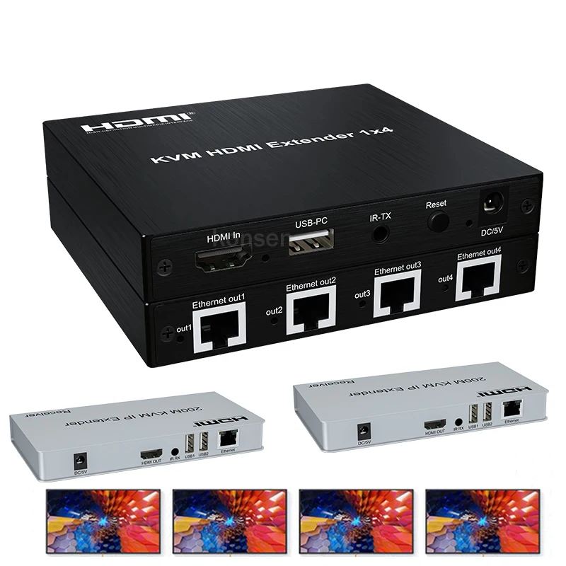 200M 1x4 HDMI KVM Extender Splitter via Ethernet CAT5e/CAT6 Cable with 4 RJ45 output 1080P HDMI Splitter Extender 1 in 2/3/4 out