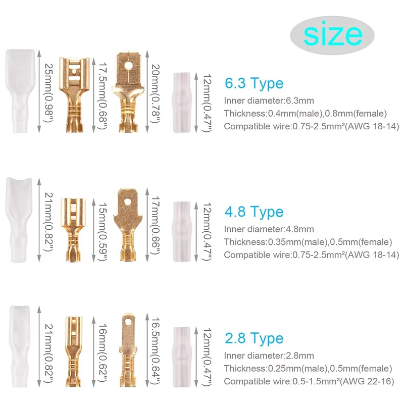 120pcs Box-Packed, Golden Crimp Terminal, Female 2.8/4.8/6.3mm No Male, Automotive   speaker wire connector, Terminals