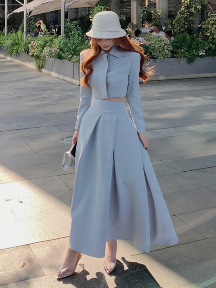 2024 Autumn New French Women's Elegant Fashion Two Piece Set Korean Casual Coat + Long Skirt Suits Female Conjuntos Femininos