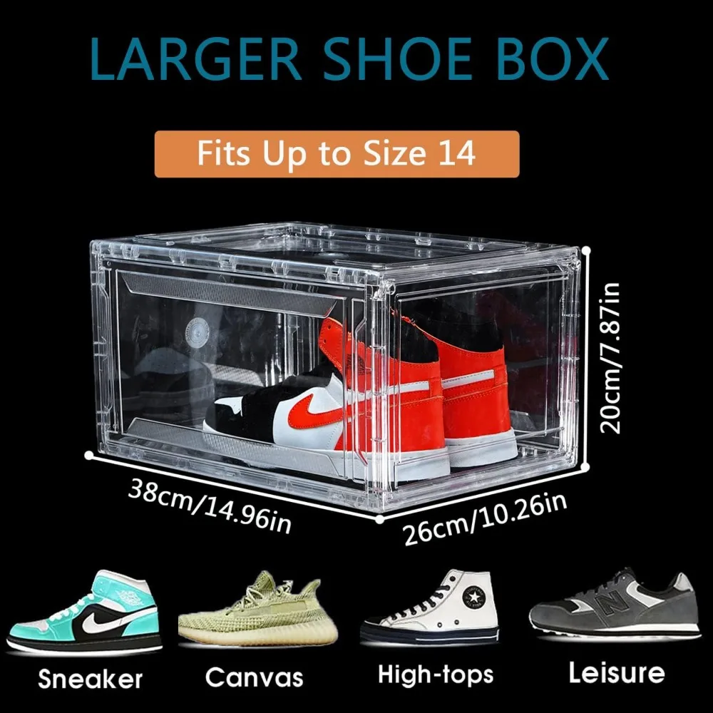 12 Pack Shoe Boxes, Clear Acrylic Plastic Shoe Boxes Stackable, Space-Saving Foldable Drop Front Shoe Storage Boxes Container fo