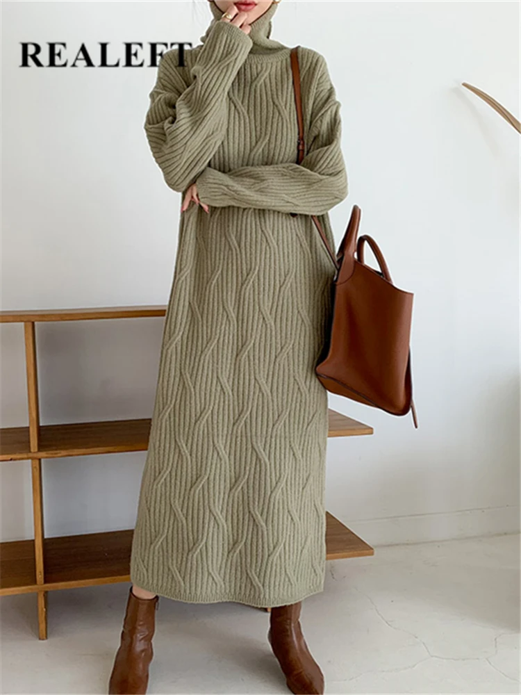 

REALEFT Autumn Winter Turtleneck Oversize Knitted Dresses 2023 New Long Sleeve Casual Loose Sweater Women Long Dresses Female