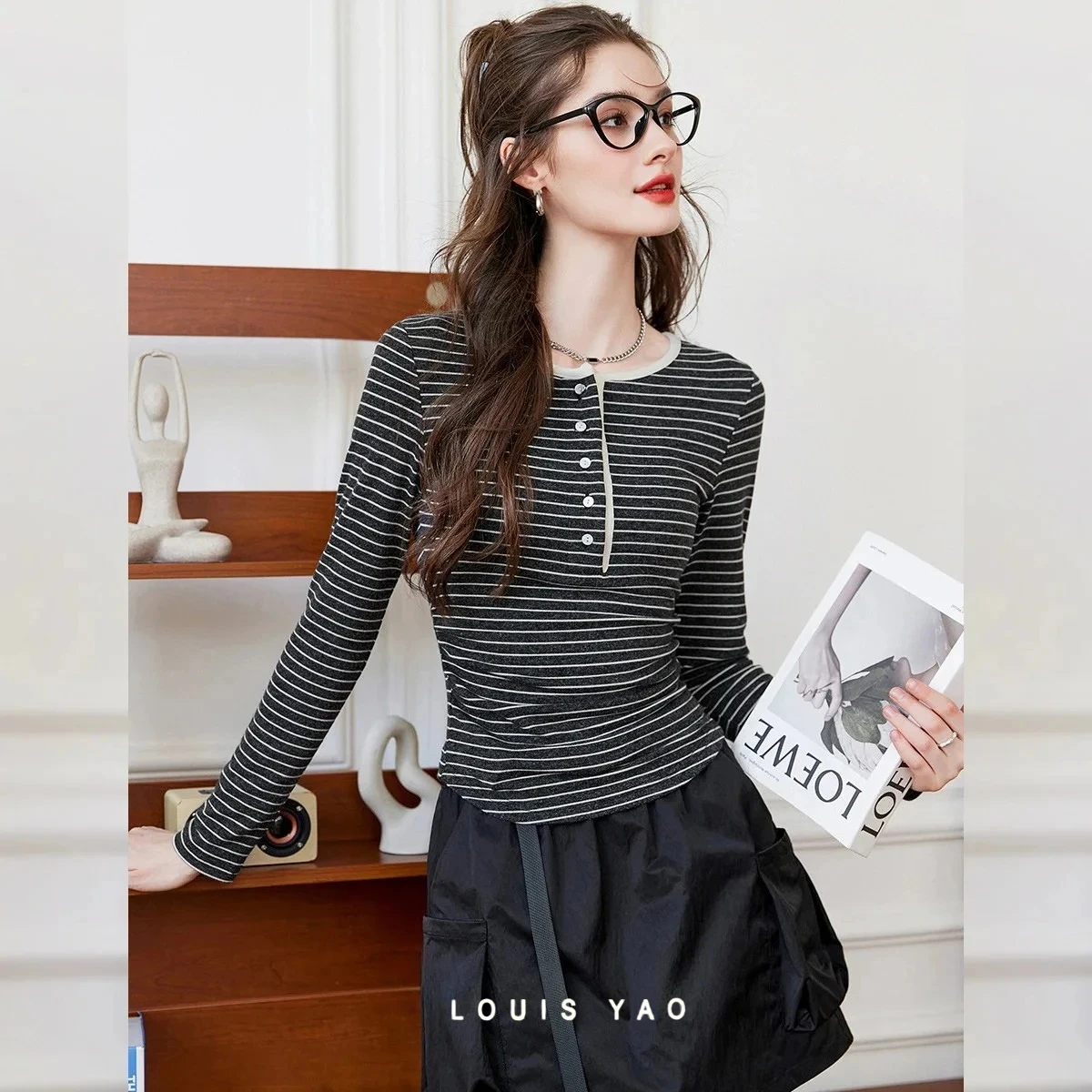

LOUIS YAO Striped Women's T-shirt 2026 Autumn Contrast Colors T-Shirts for Women Casual Tees Micro-elastic Round Neck Tops