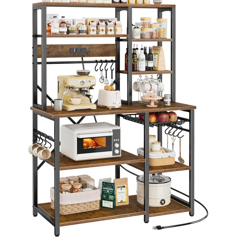 Large Bakers Rack with Power Outlets, 6-Tier Microwave Stand, Coffee Bar with 12 S-Shaped Hooks, Kitchen Shelf with Wire Basket,