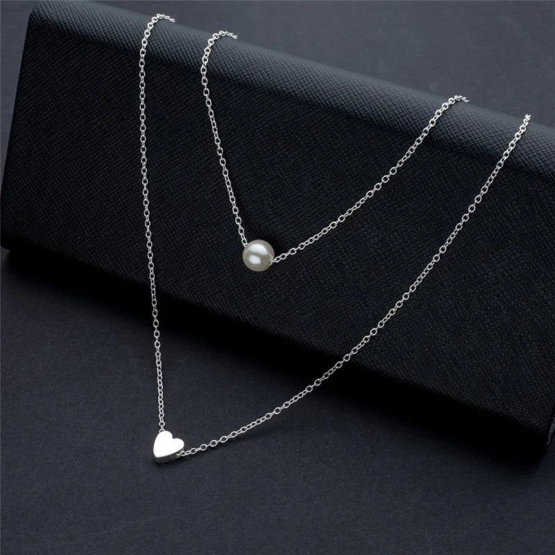 

925 Sterling Silver Double-Layer Layered Pearl Necklace Fashionable Love Pendant Collarbone Chain Temperament Luxury Jewelry