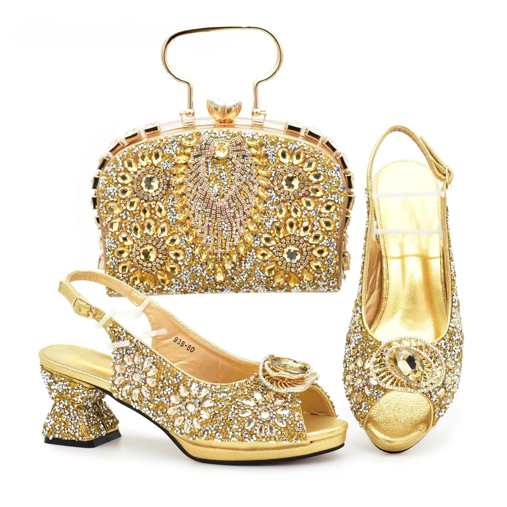 Italian Shoes and Bags Matching Set with Rhinestone Nigerian Women Shoes and Bag Set with Appliques Full Crystal for Dress