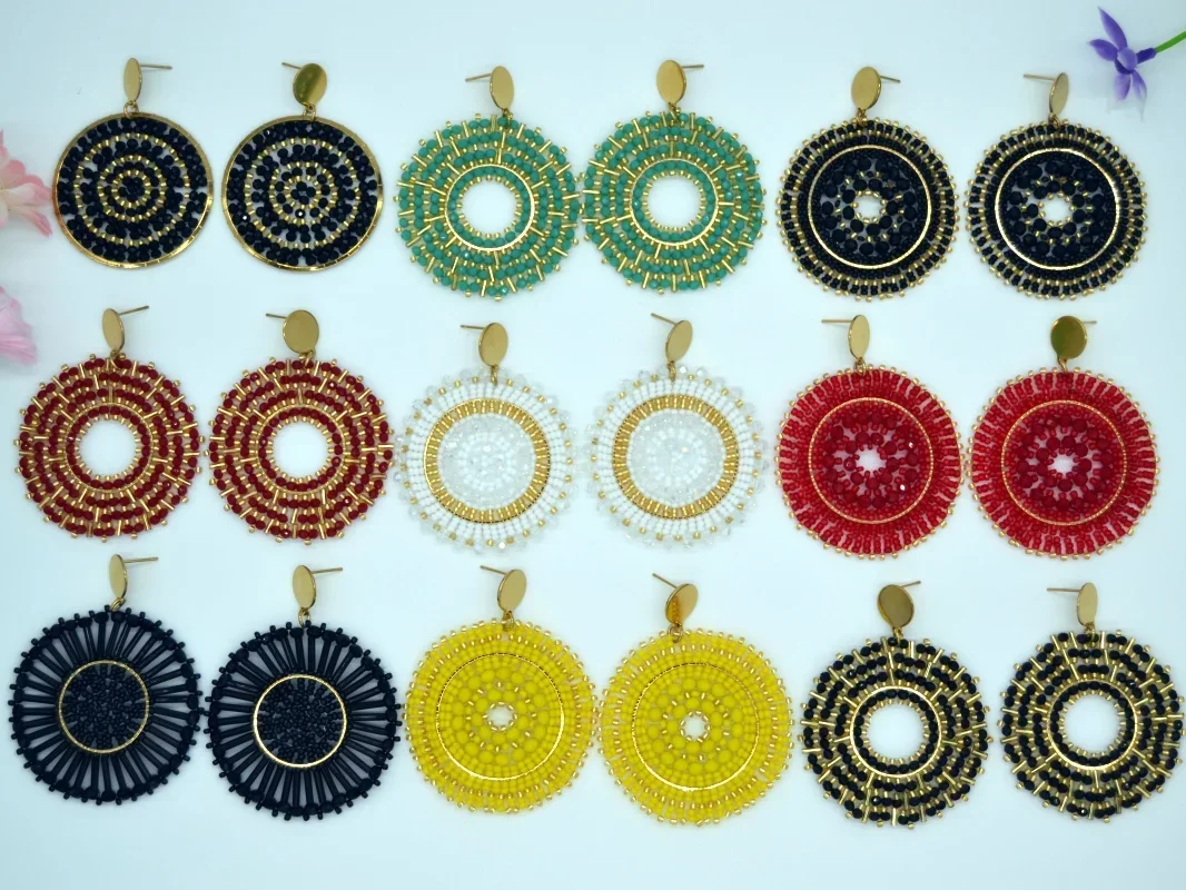 

2025 Handmade Beaded EarringsRoundness Hollow Out Yellow Sunflower Hand Knitting Bohemia Beaded Earrings for Women