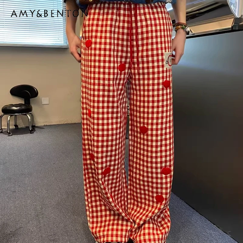 

Retro Design Red Plaid Fruit Embroidered Women's Trousers 2026 Spring Summer New Loose Straight Thin Floor-mopping Pants Ladies