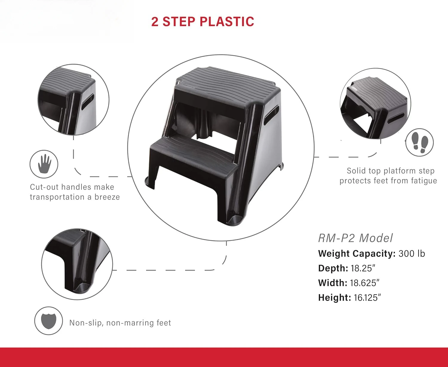 成形プラスチック製ステップスツール、軽量、滑り止め踏み面と滑り止め脚付き