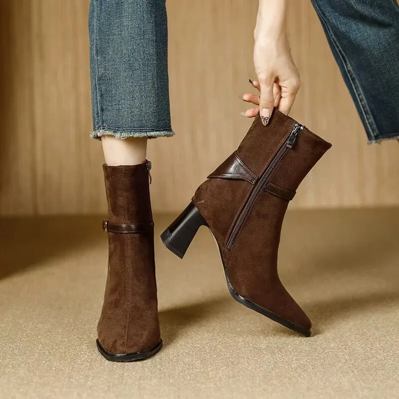 أحذية قصيرة للنساء، تصميم بسحاب جانبي من جلد الغزال، أحذية نسائية بكعب سميك، أحذية عصرية ريترو رفيعة للخريف والشتاء #1