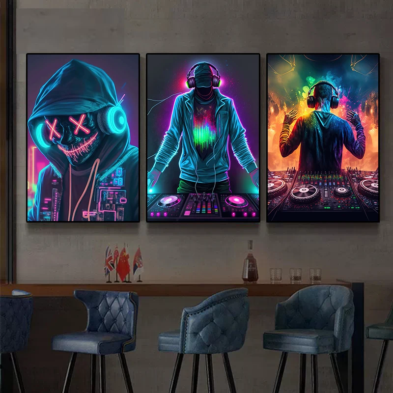 Neon Design Music Cool DJ Headphone Poster Canvas Painting Abstract Wall Art For Modern Bar Club Room Home Decor Cuadros No LED