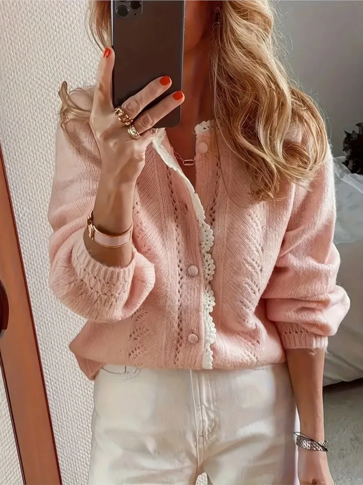 Women's Clothing Solid Color Knitted Cardigan Hollow Out Long-sleeved Single-breasted Sweater Jacket Simple Style All-match Slim