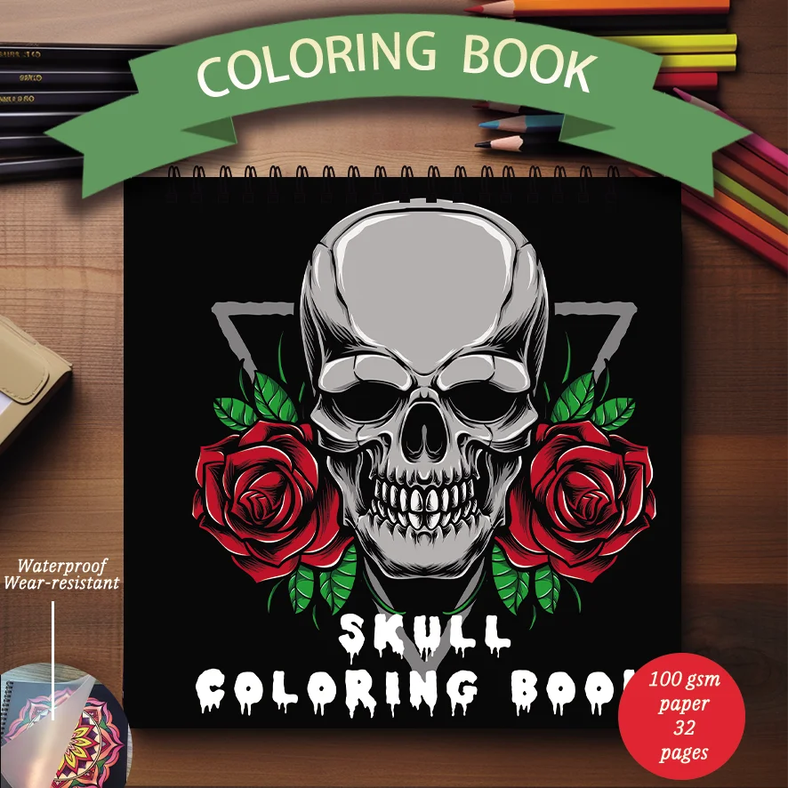 Coloring Book - 7.87x 7.87 inches 32 pages Skull Coloring Book - Perfect gift for family or friends