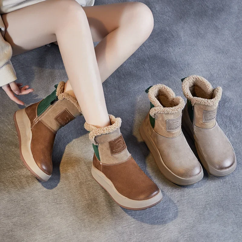 Women Leather Boots Plush Insole Winter Warm Ankle Boots Wedge Heels Shoes Chelsea Boots Warm Women Handmade 2024